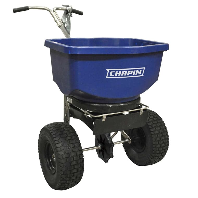 Chapin 82108 100 lb professional residential salt and ice melt broadcast spreader with blue hopper and pneumatic tires
