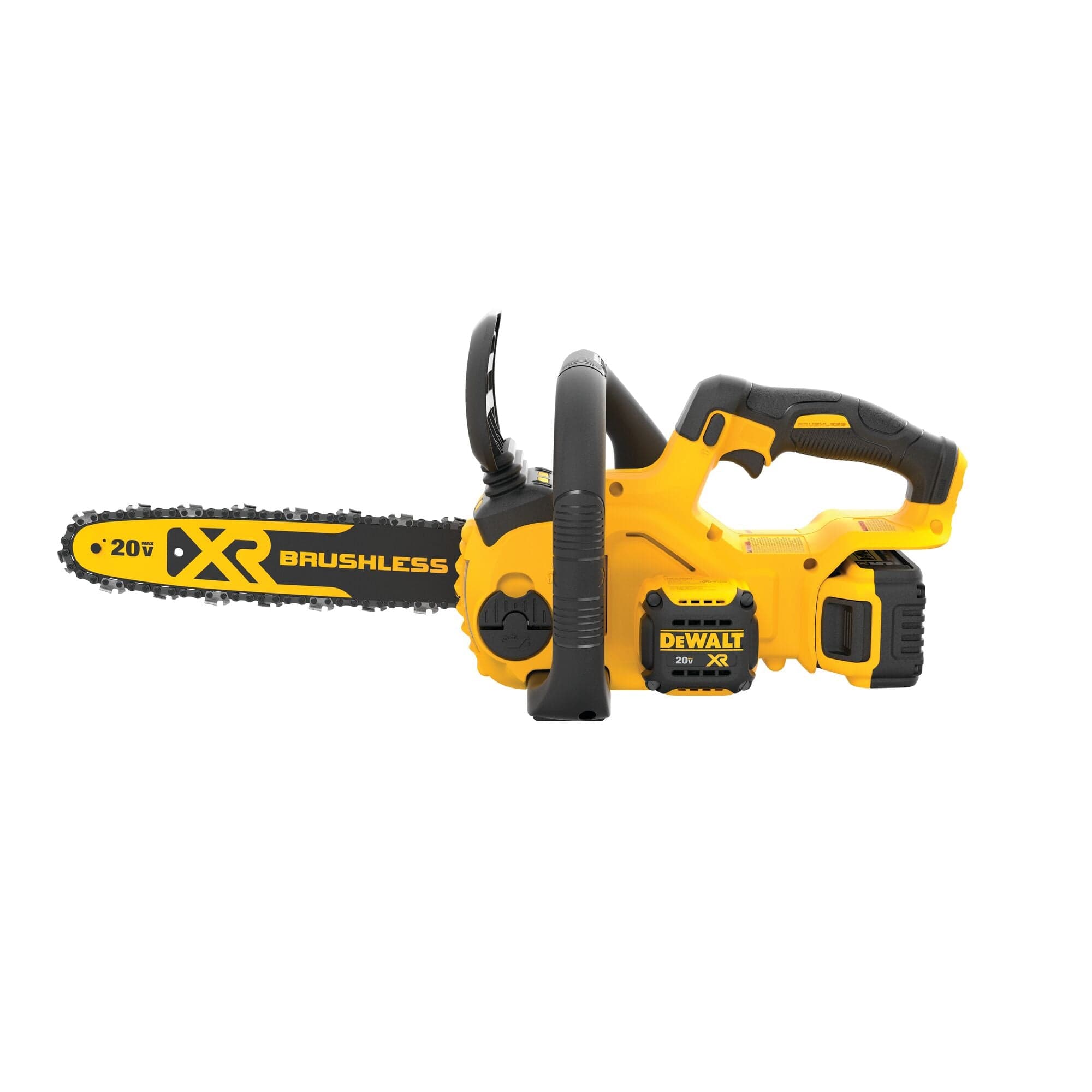 dewalt-20v-max-xr-compact-12-in.-cordless-chainsaw-kit-1.jpg: DEWALT 20V MAX compact cordless chainsaw with 12 inch bar, battery, and charger