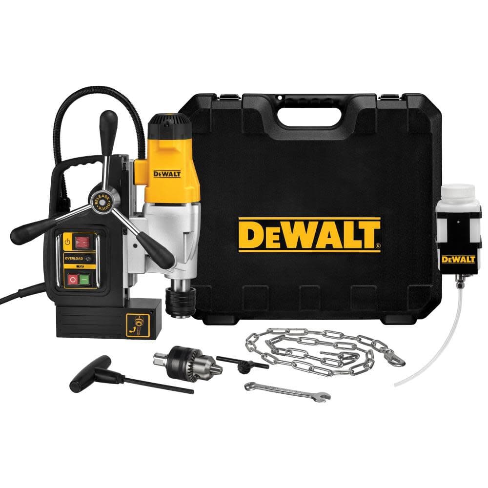 DEWALT DWE1622K 2 in. 2-speed magnetic drill press kit with case, coolant bottle, chuck, safety chain and tools