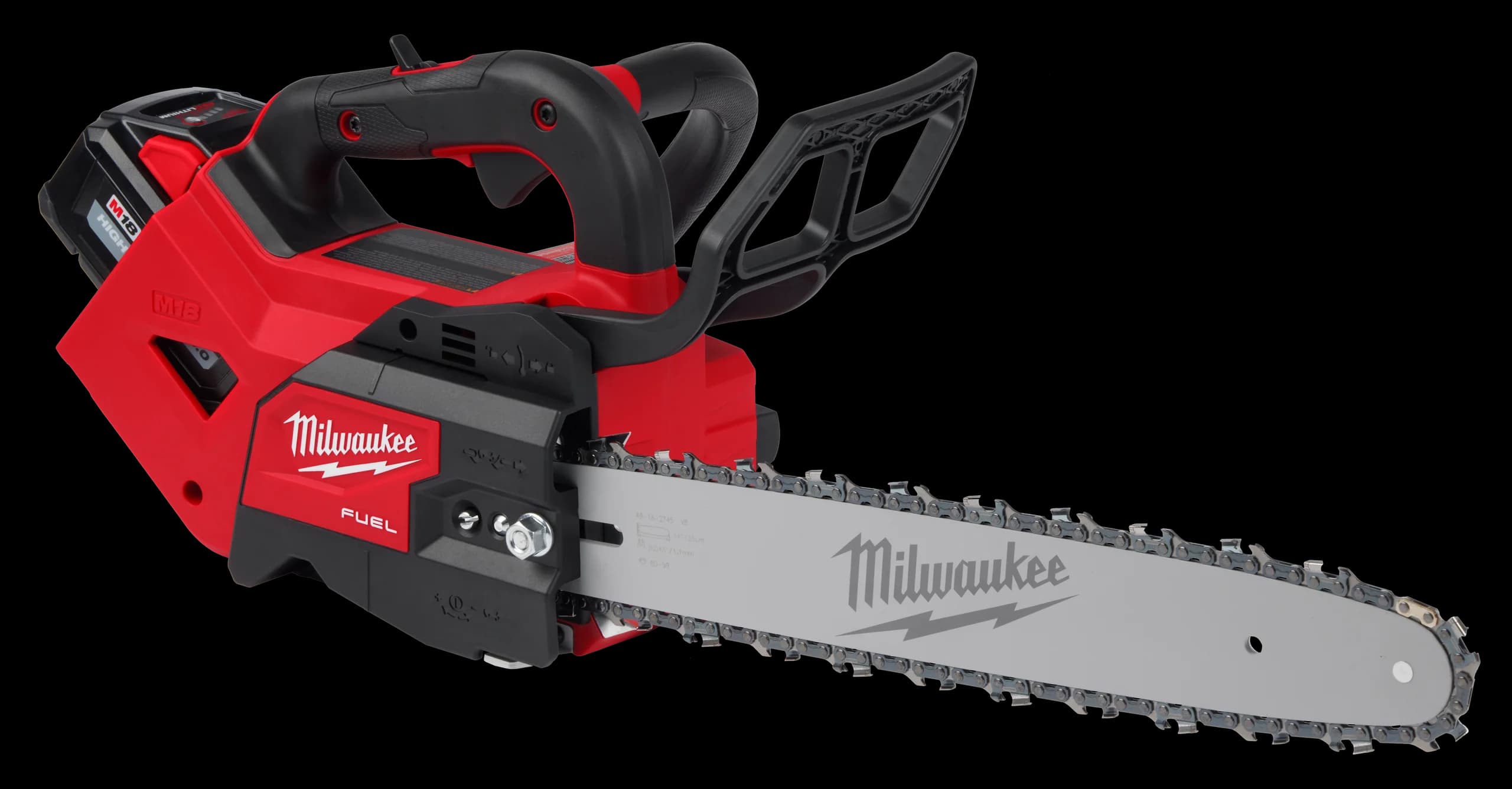 milwaukee-m18-fuel-14-in.-top-handle-chainsaw-kit-1.png: Milwaukee M18 FUEL 14 inch top handle cordless chainsaw with battery and charger