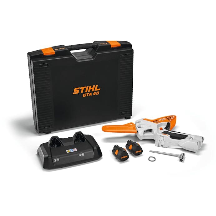 stihl-gta-40-cordless-pruning-saw-kit-1.jpg: STIHL GTA 40 cordless pruning saw kit with batteries, charger, and carrying case