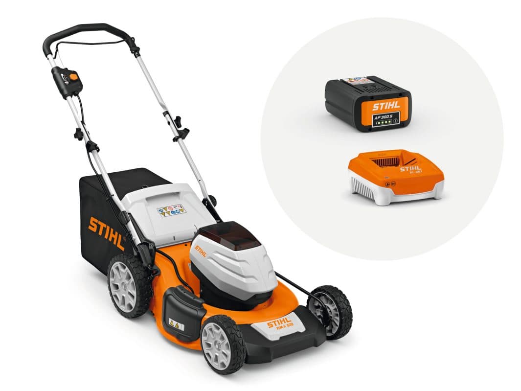 stihl-rma-510-cordless-push-lawn-mower-kit-ap-system-1.jpg: STIHL RMA 510 cordless push lawn mower with AP 300 battery and charger