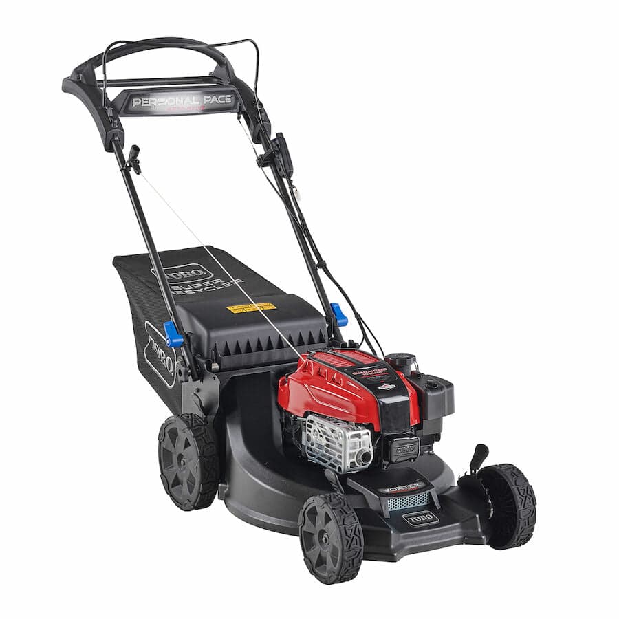 toro-21-super-recycler-electric-start-gas-lawn-mower-with-personal-pace-smartstow-1.jpg: Toro 21 inch Super Recycler electric start self-propelled gas lawn mower with SmartStow handle