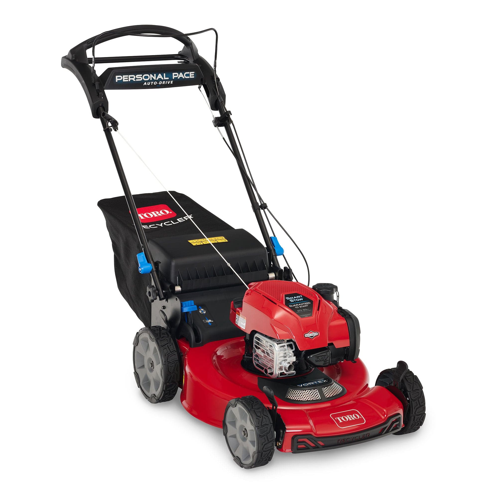 toro-22-recycler-gas-lawn-mower-with-personal-pace-and-smartstow-1.jpg: Toro 22-inch gas lawn mower with SmartStow folded upright for storage